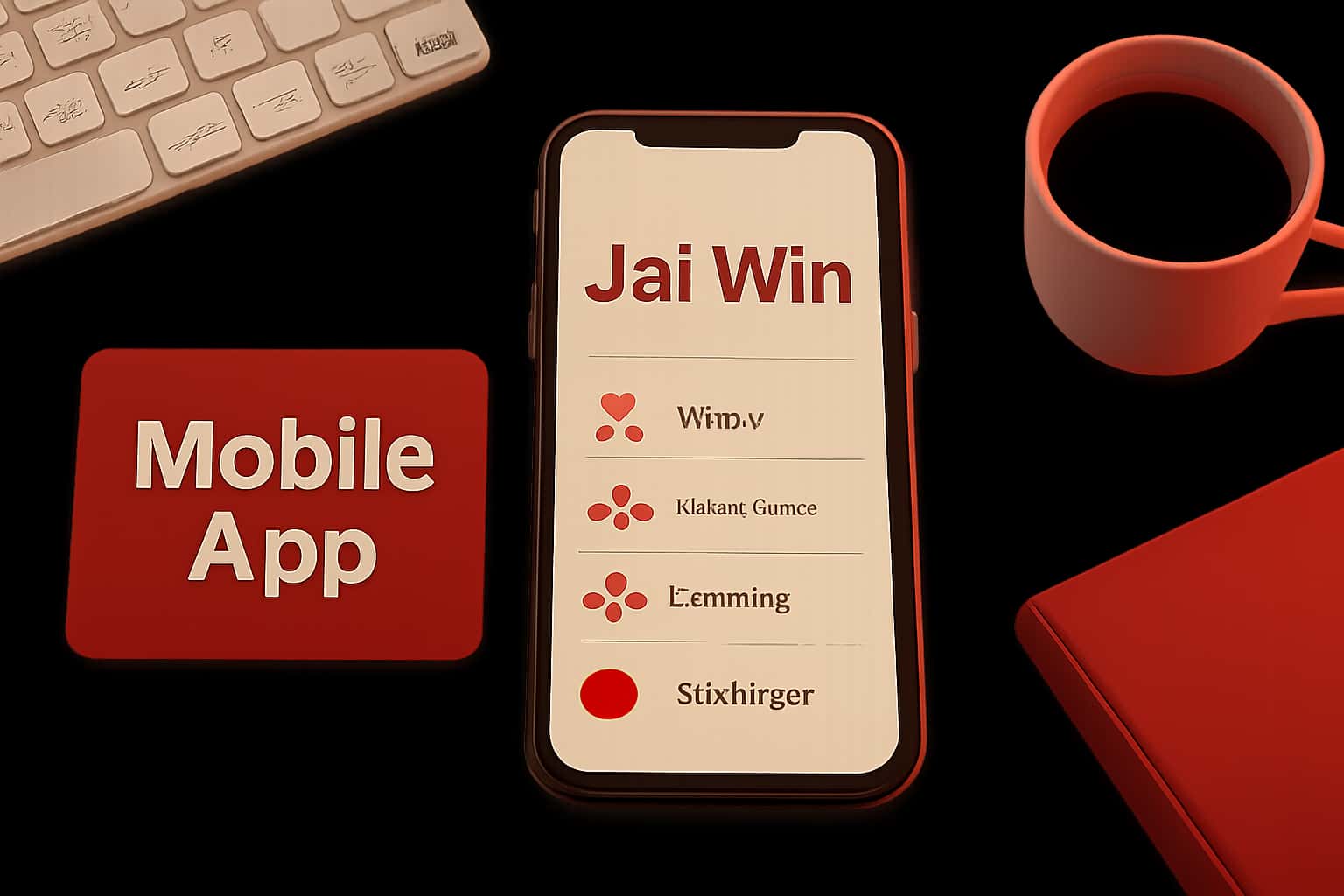 Informational scene presenting features of the Jai Win Mobile App.